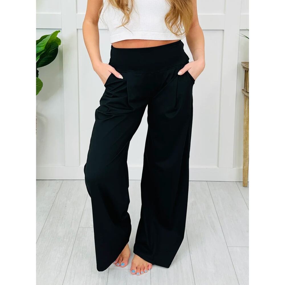 YELETE Size Small Black Wide Leg Pants Pull On High Rise Stretch Lounge Career